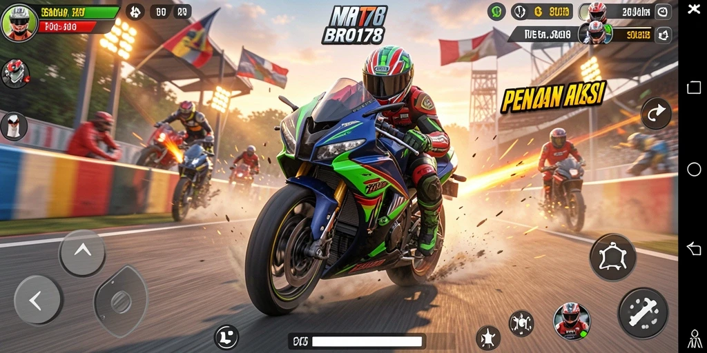 Tampilan gameplay menegangkan dari BRO178 yang penuh aksi balapan motor.