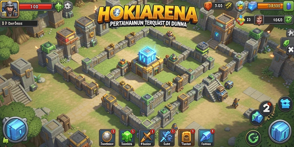 Tampilan gameplay menegangkan dari HOKIARENA di Tower Defense.
