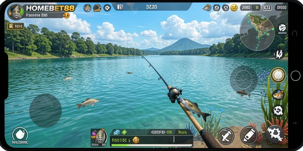 Tampilan gameplay yang seru dalam HOMEBET88 saat menangkap ikan.