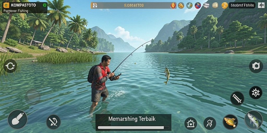 Screenshot gameplay <strong>KOMPASTOTO</strong> yang menunjukkan aksi memancing yang seru.