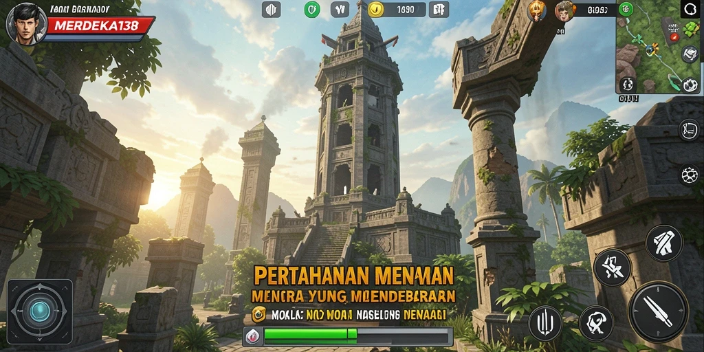Gameplay MERDEKA138 menampilkan aksi pertahanan menara yang intens.