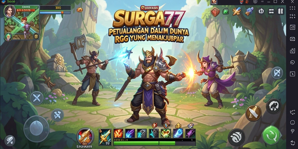 Screenshot utama SURGA77 menampilkan karakter beraksi dalam pertarungan RPG.